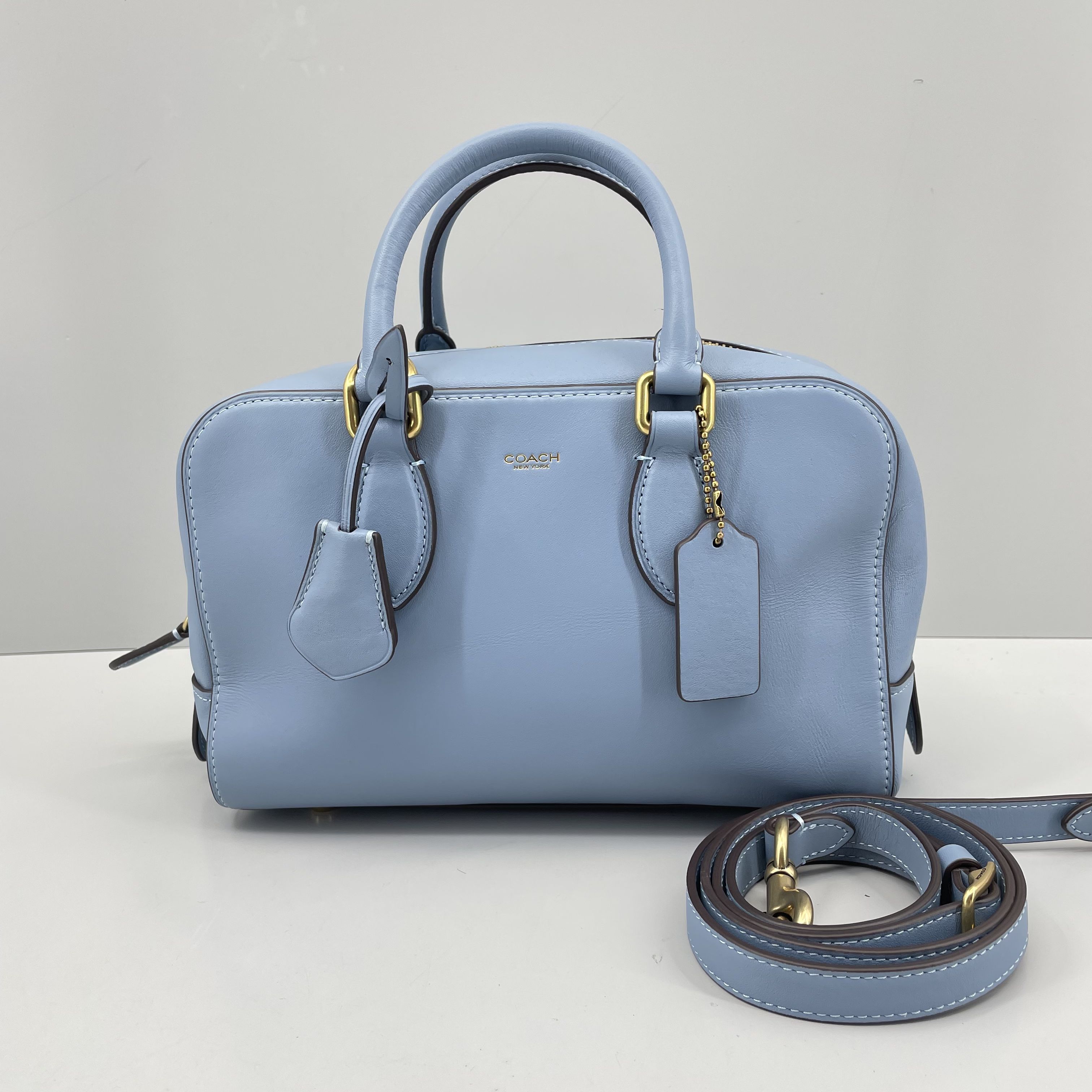 95新 COACH/蔻驰 bowery24蓝色手提包24*16*10cmME091002