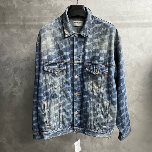 未使用 Balenciaga/巴黎世家 蓝色logo满印单排扣牛仔外套/S/L