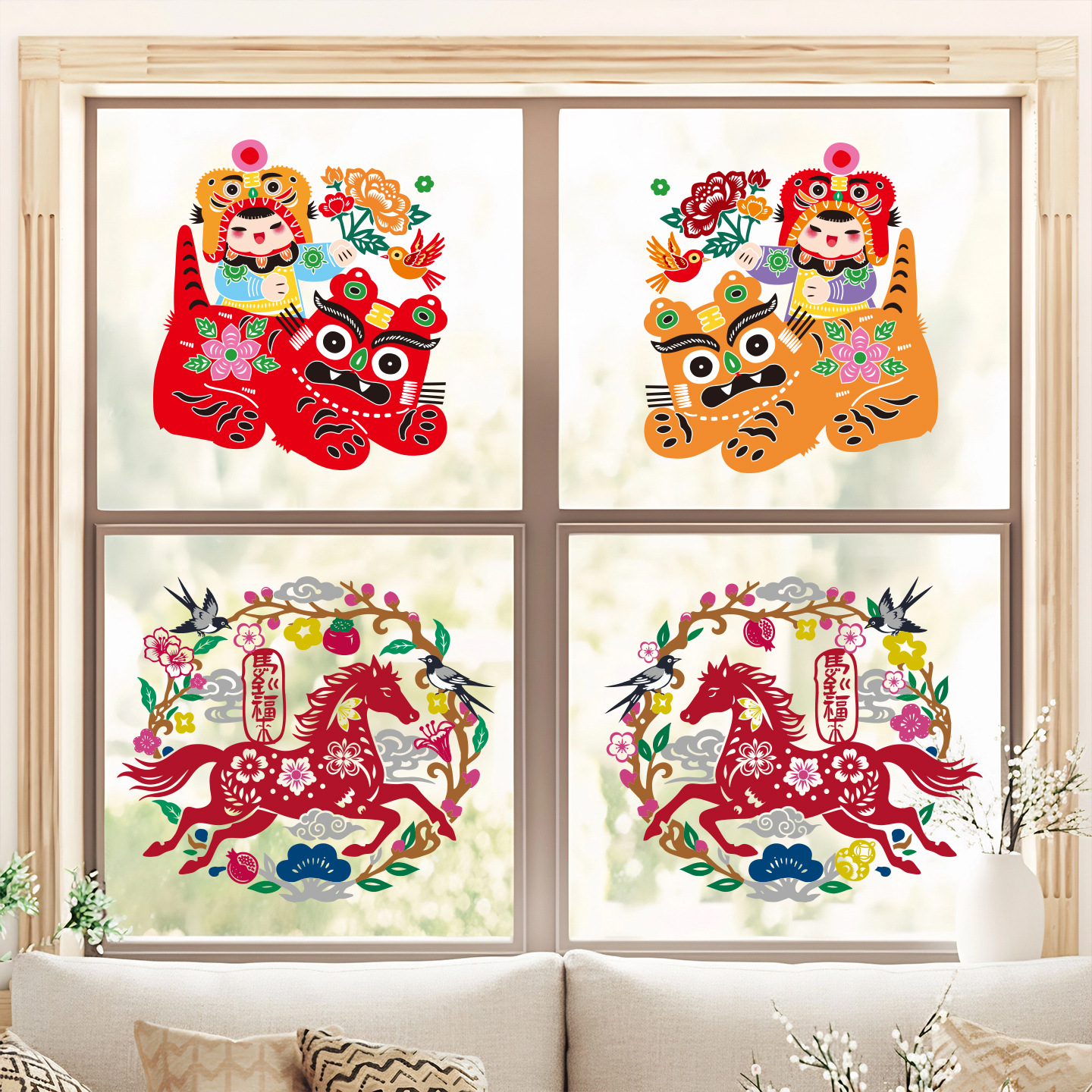 新款2026马年窗花静电贴蔚县剪纸窗花玻璃贴静电贴店面橱窗装饰