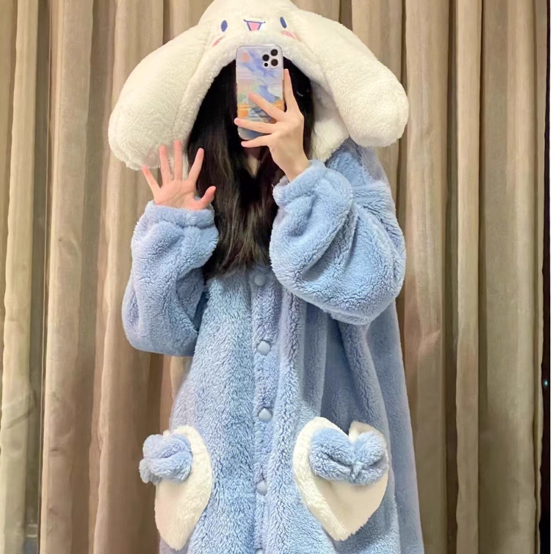 玉桂狗睡衣女秋冬季加绒加厚卡通法兰绒可爱大耳狗珊瑚绒套装睡袍