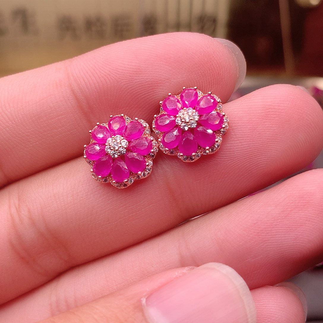 红宝石耳饰银S925镶嵌