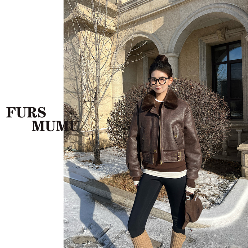 【沐沐】进口麦昆羊皮毛一体外套女短款复古风水貂毛领皮草大衣565