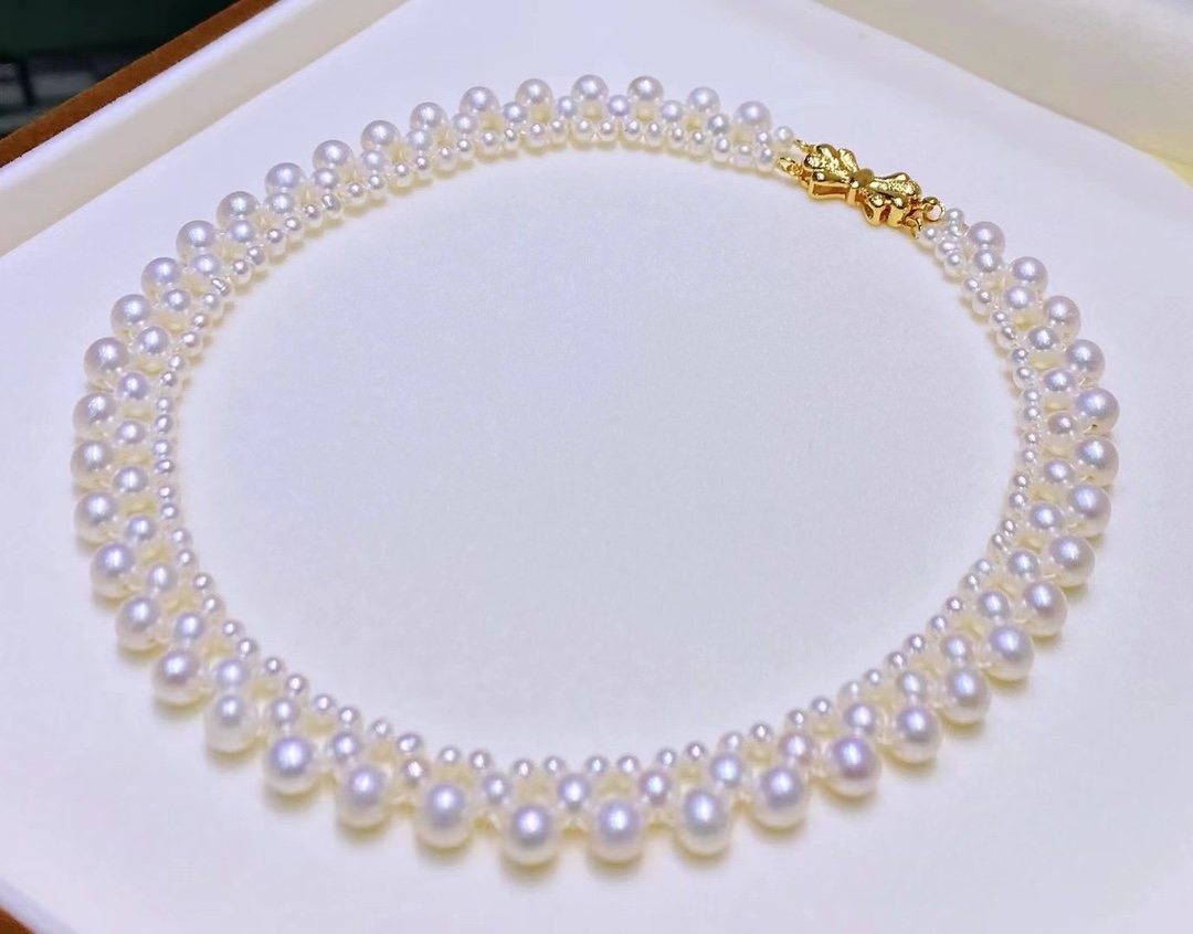 朵润淡水珍珠项链无核 编织大小珠多层颈链 锁骨链蝴蝶结扣