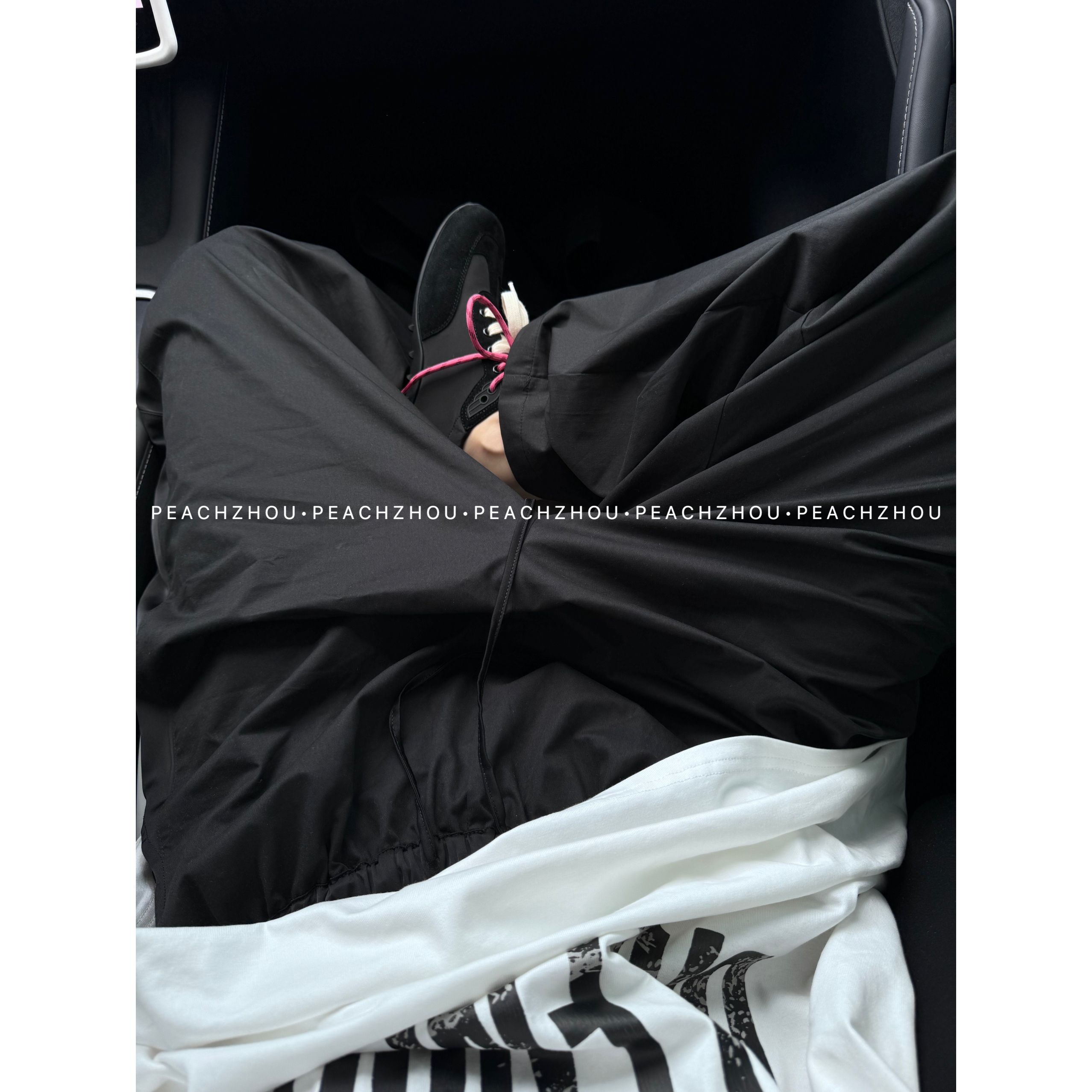 『PEACHZHOU』简约纯色侧条宽松直筒休闲裤弹力松紧腰抽绳长裤女