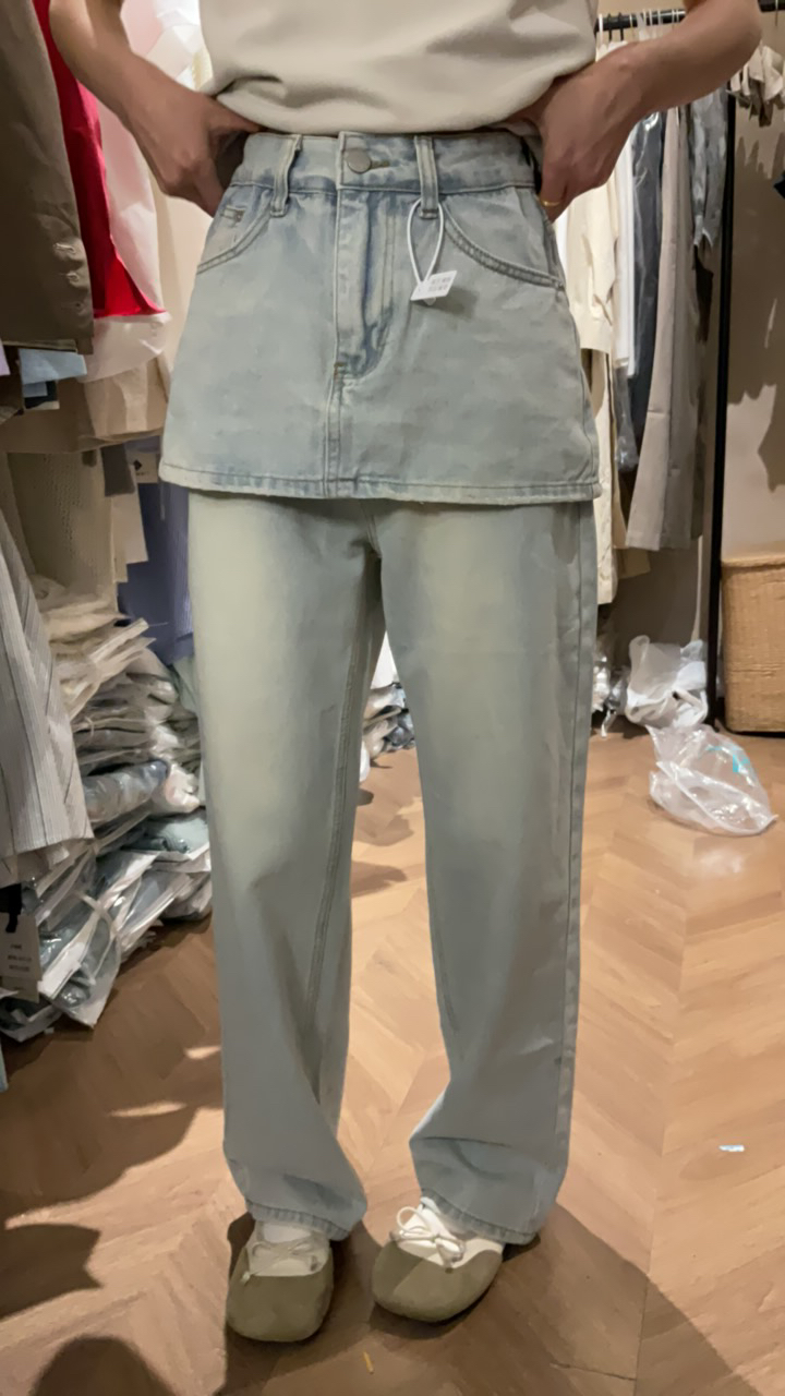 屁帘假两件牛仔裤直筒时尚