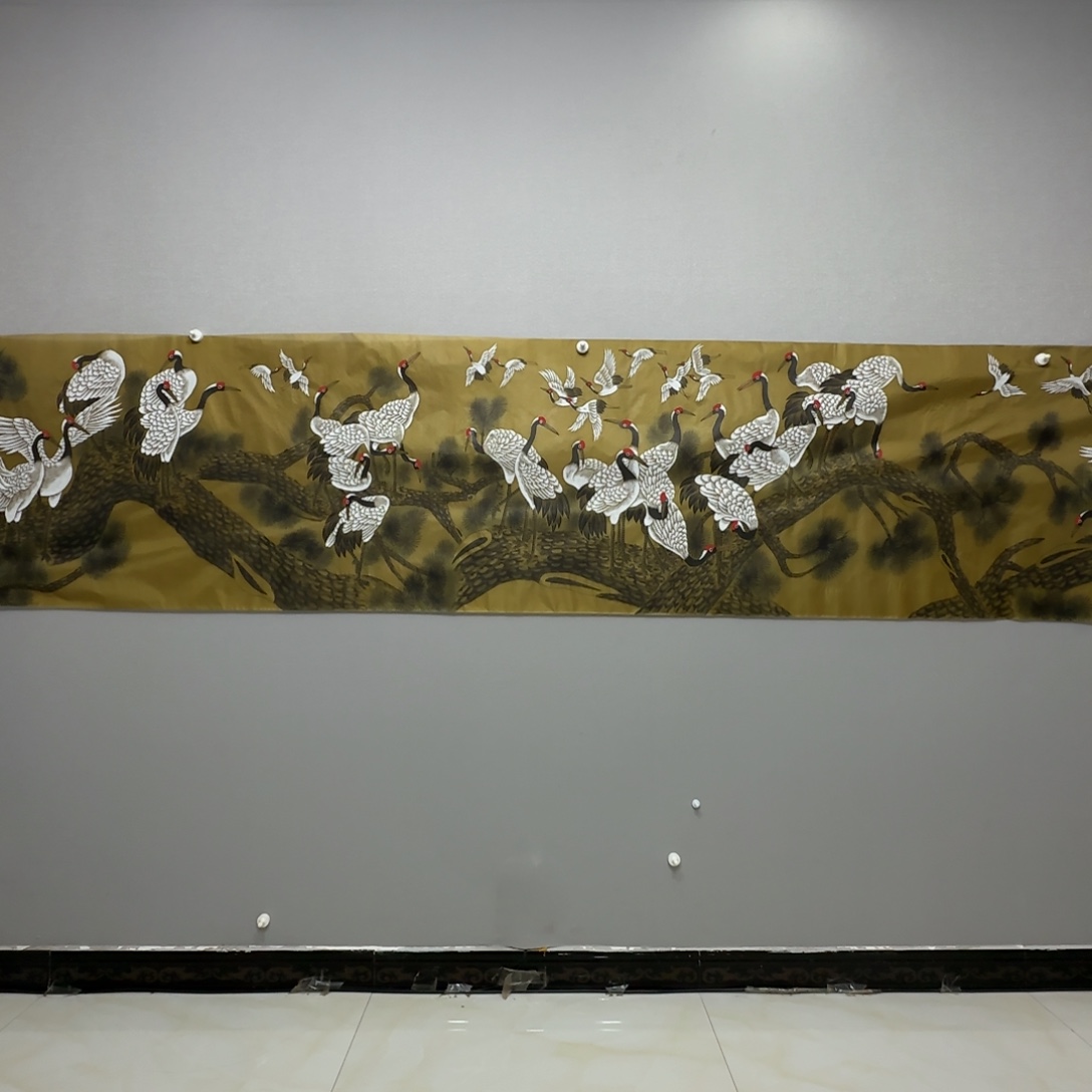 国画绢本工笔百鹤图长卷贾敏