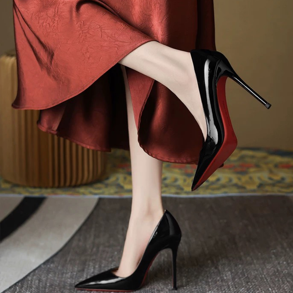 秋冬必备CL怒推（护指棉）气质红底裸色高跟鞋女不累脚黑色漆皮细跟