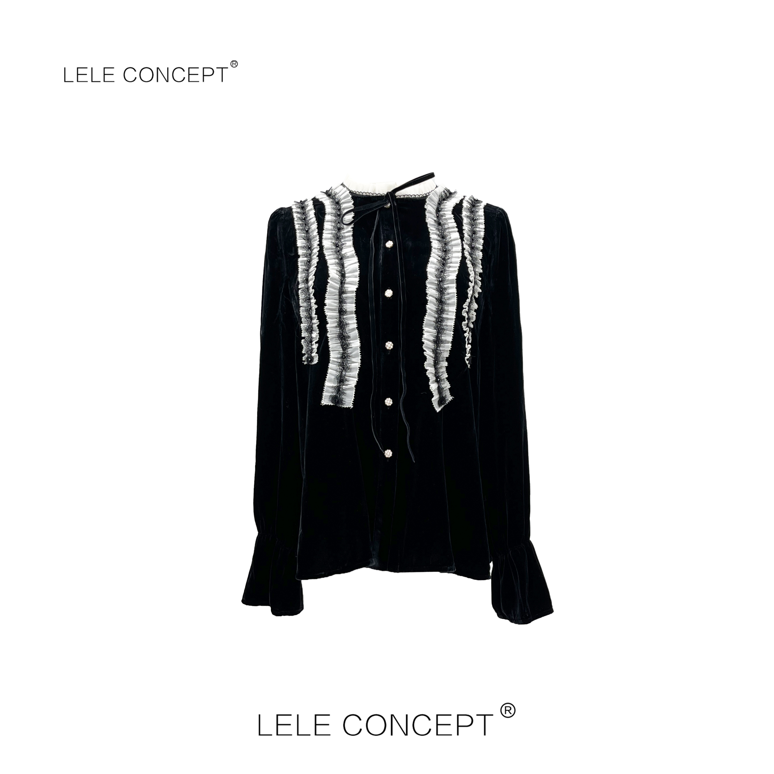LELE CONCEPT 丨新款白菲边系带丝绒上衣S0817