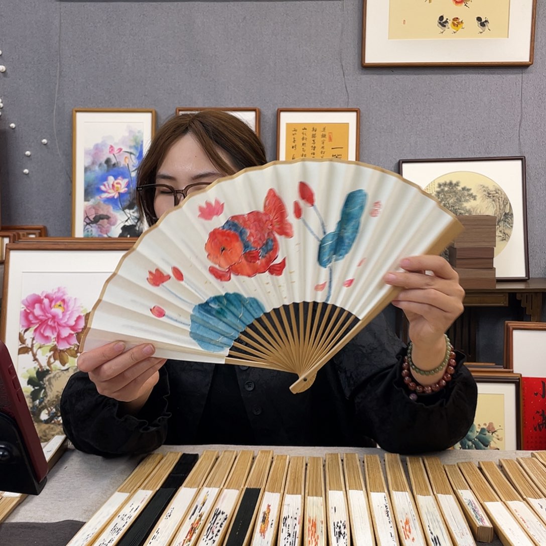 国画10寸玉竹-纯手绘-文玩扇骨（默认粘好）