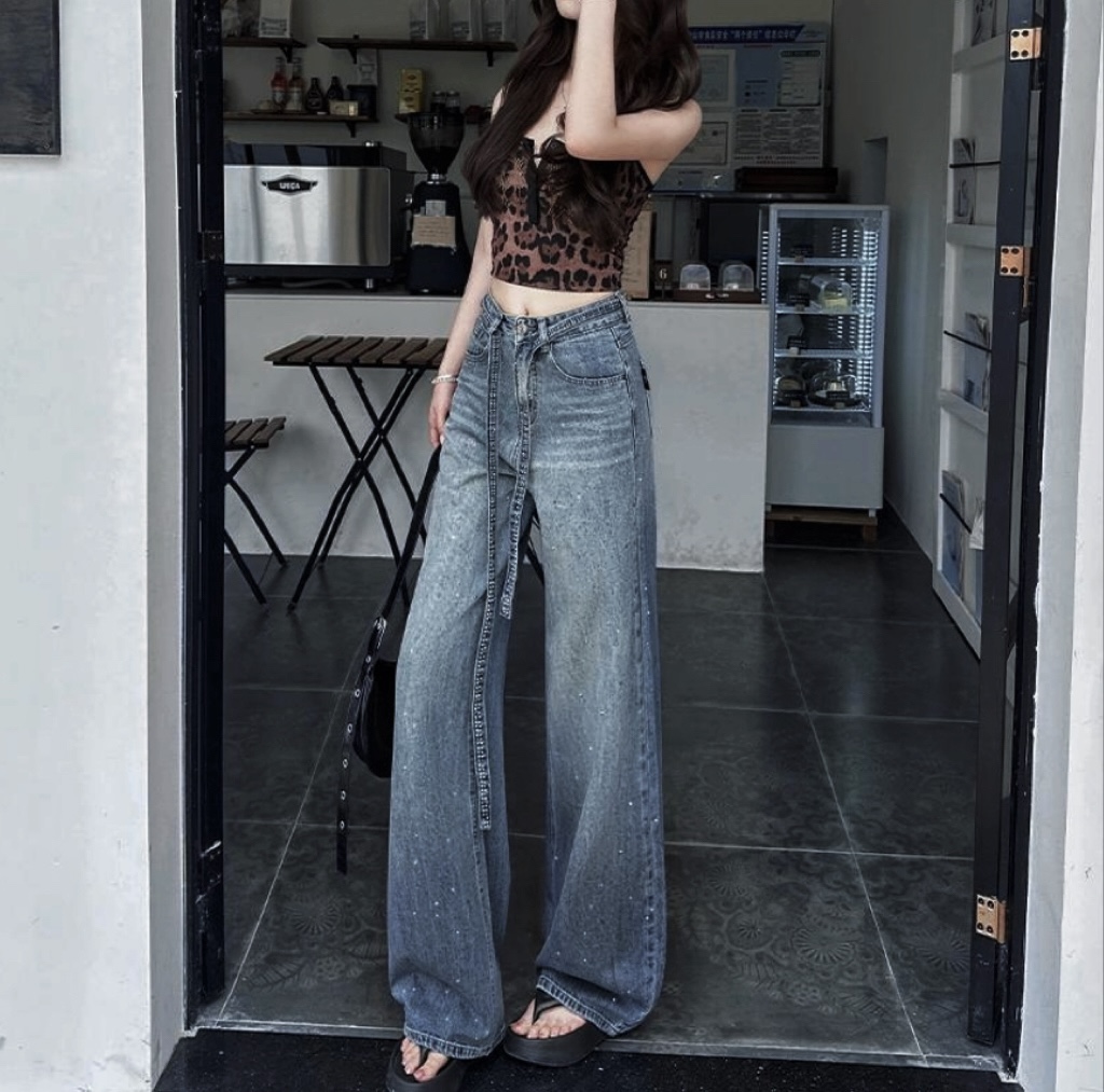 【运费险+腰带】满天星渐变色烫钻冬季新款休闲宽松阔腿女牛仔裤02