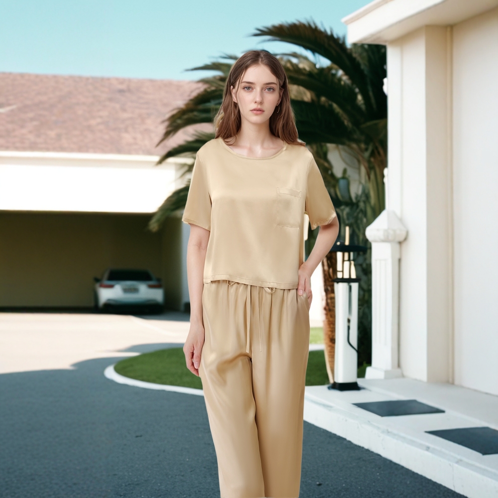 西湖丝韵【圆领短袖】25新真丝睡衣女短袖两件套春夏款家居服套装