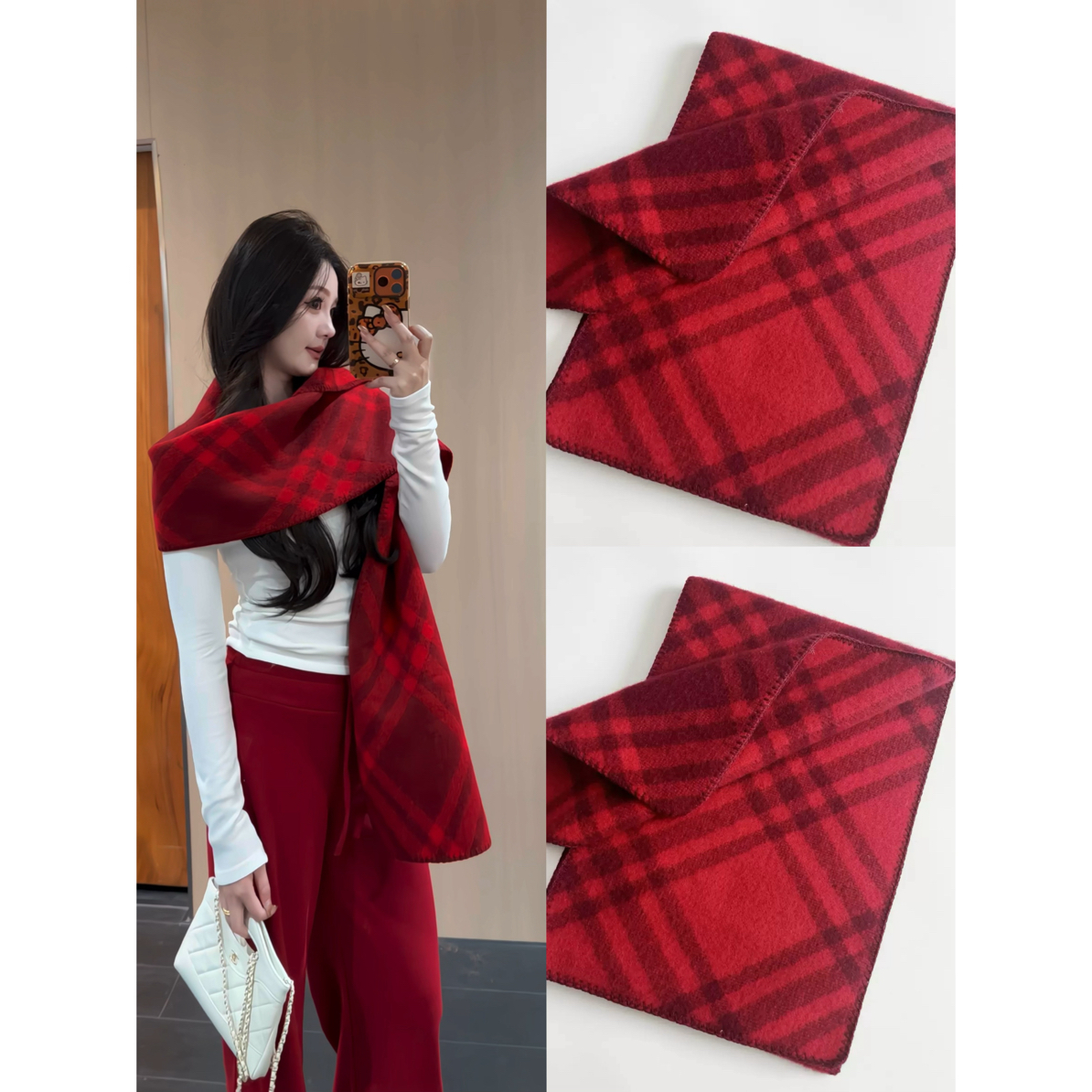 DAMIN (冬日氛围）轻奢红色洋气保暖格纹双面围巾
