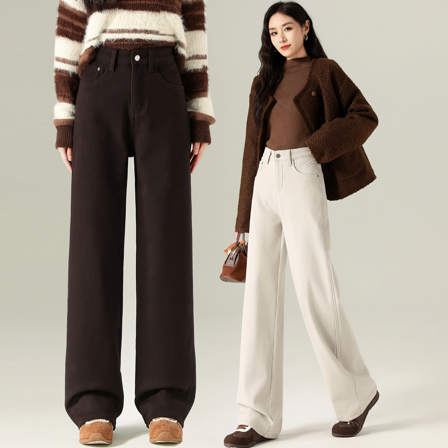 灰白色加绒窄版阔腿牛仔裤女冬季高腰显瘦