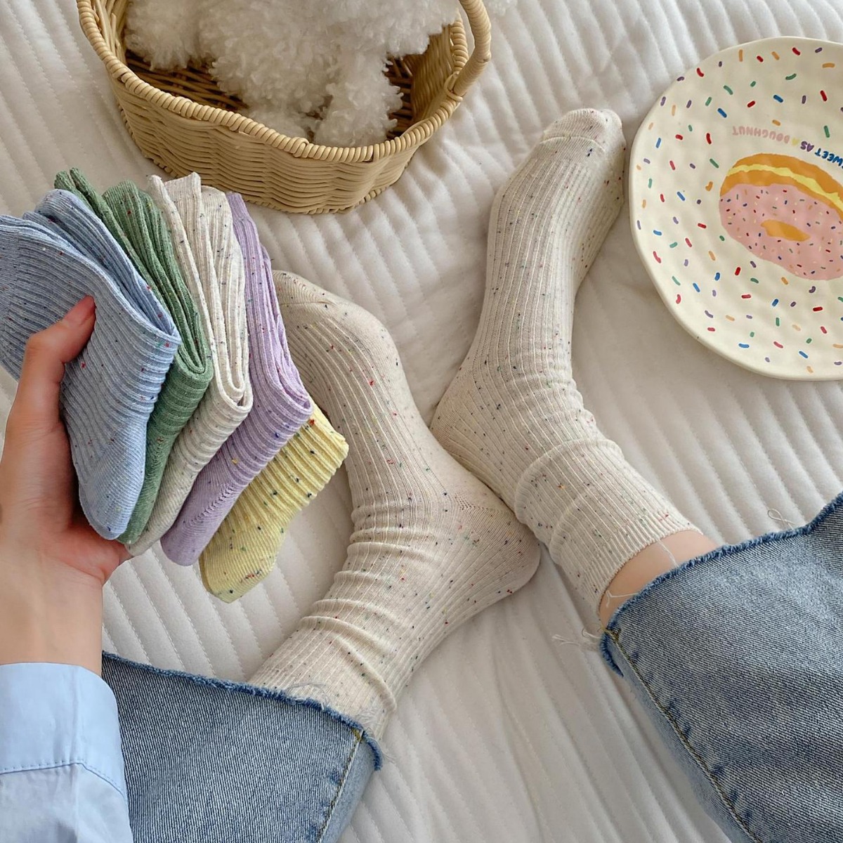 日系点子纱中筒袜女春秋款堆堆袜纯棉吸汗网红长袜