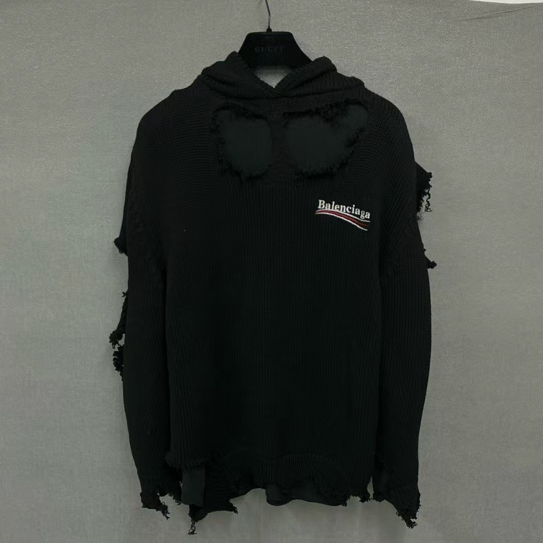 99新 Balenciaga/巴黎世家 可乐海浪大破坏假两件连帽毛衣S码