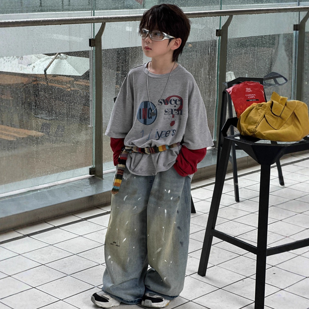 A.MU2025秋季【彩虹】新款拼接袖撞色长袖T恤纯棉宽松洋气上衣男童