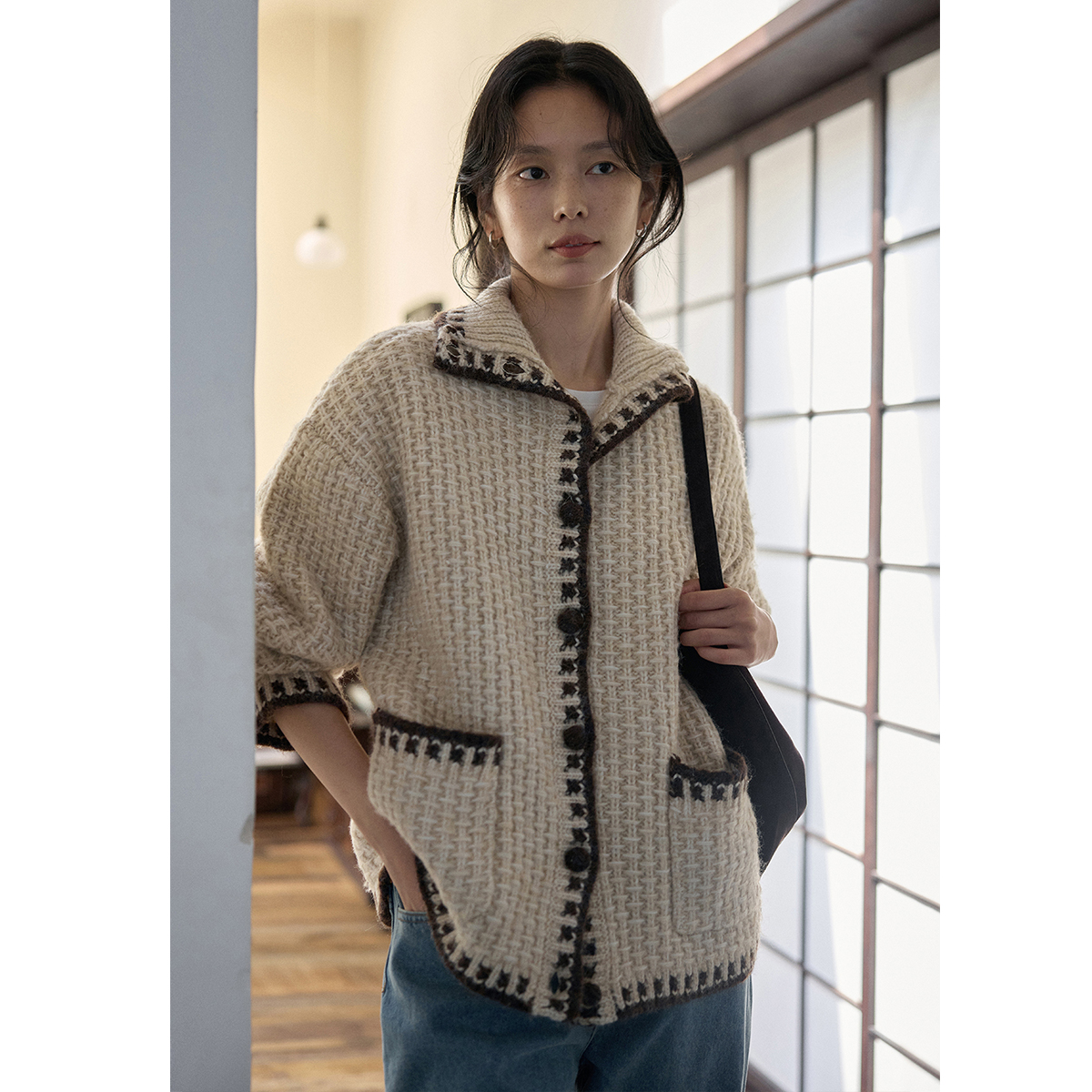 Nice people2025AW 羊毛圆领撞色廓形开衫毛衣