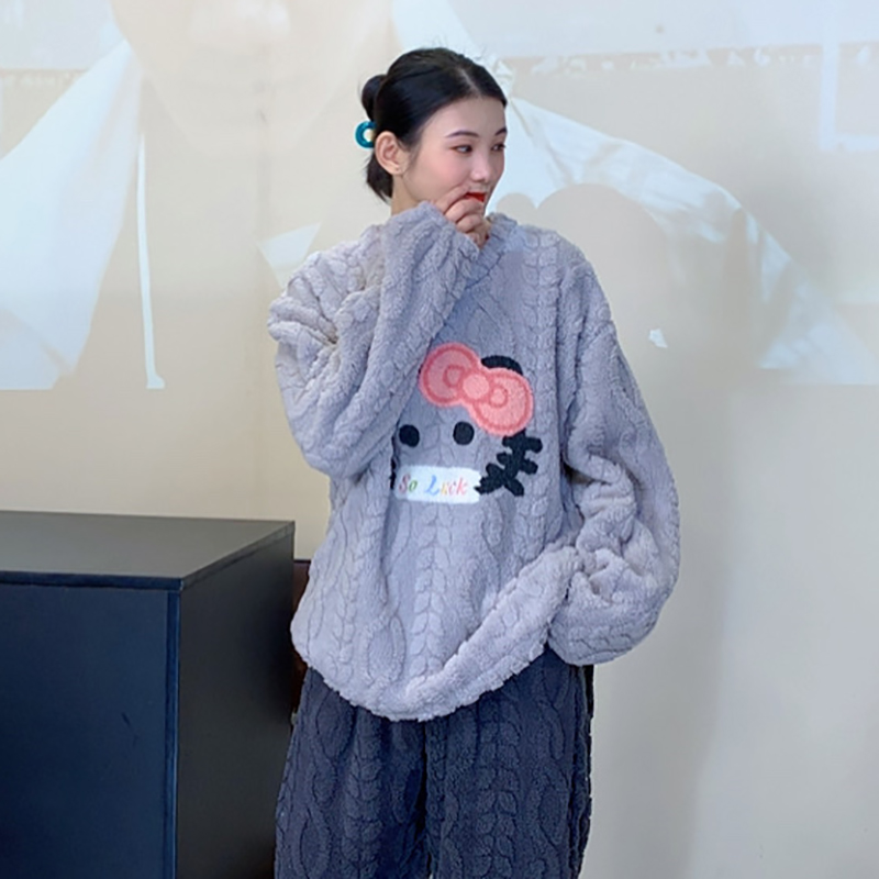 SIPIN/司品提花长毛绒大码睡衣女圆领套头甜美宽松冬季家居服套装