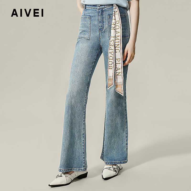 AIVEI欣贺艾薇新通勤高腰显瘦微喇牛仔长裤C751001B