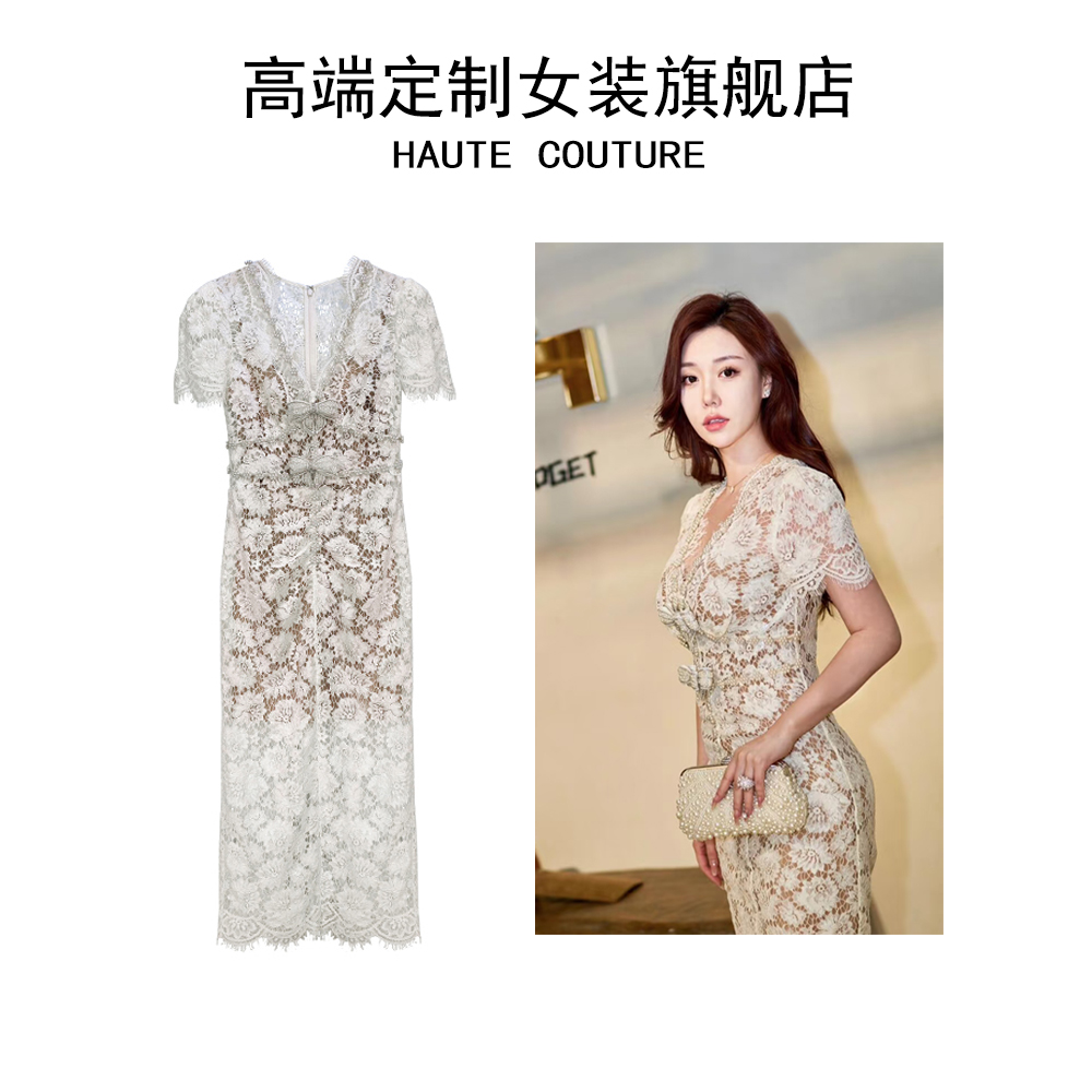 【筱翊定制】轻奢感复古宫廷风米色长款修身V领蕾丝连衣裙气质礼服