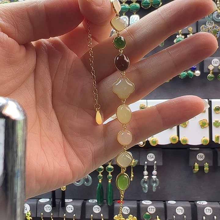 和田玉未镶嵌耳饰通体纯银天然和田玉四叶草手链