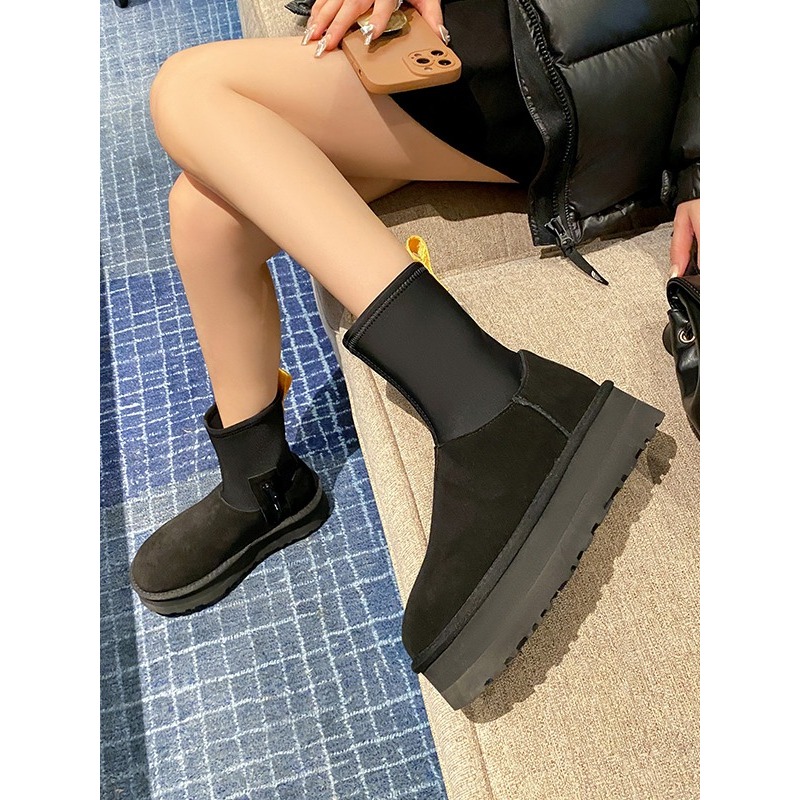 C3068  黑色  皮毛一体中筒迪普靴弹力靴雪地靴4CM厚底