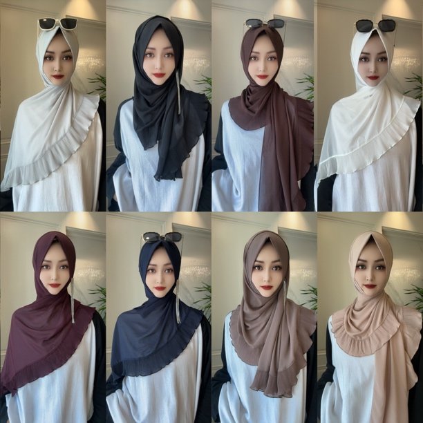 MY沙特雪纺荷叶边拼接绕巾（配流苏耳环）