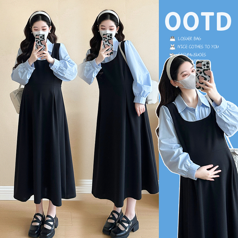 xixi~2025春装新款孕妇假两件气质连衣裙