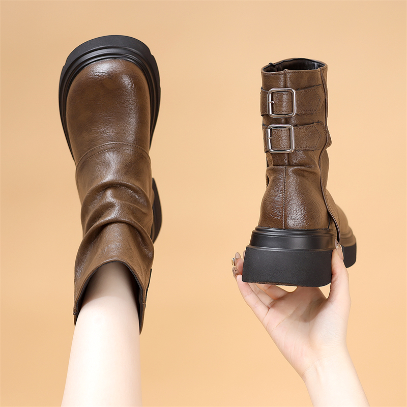 厚底堆堆短靴女2025新款秋冬时尚裤管靴黑色加绒英伦马丁靴大码41