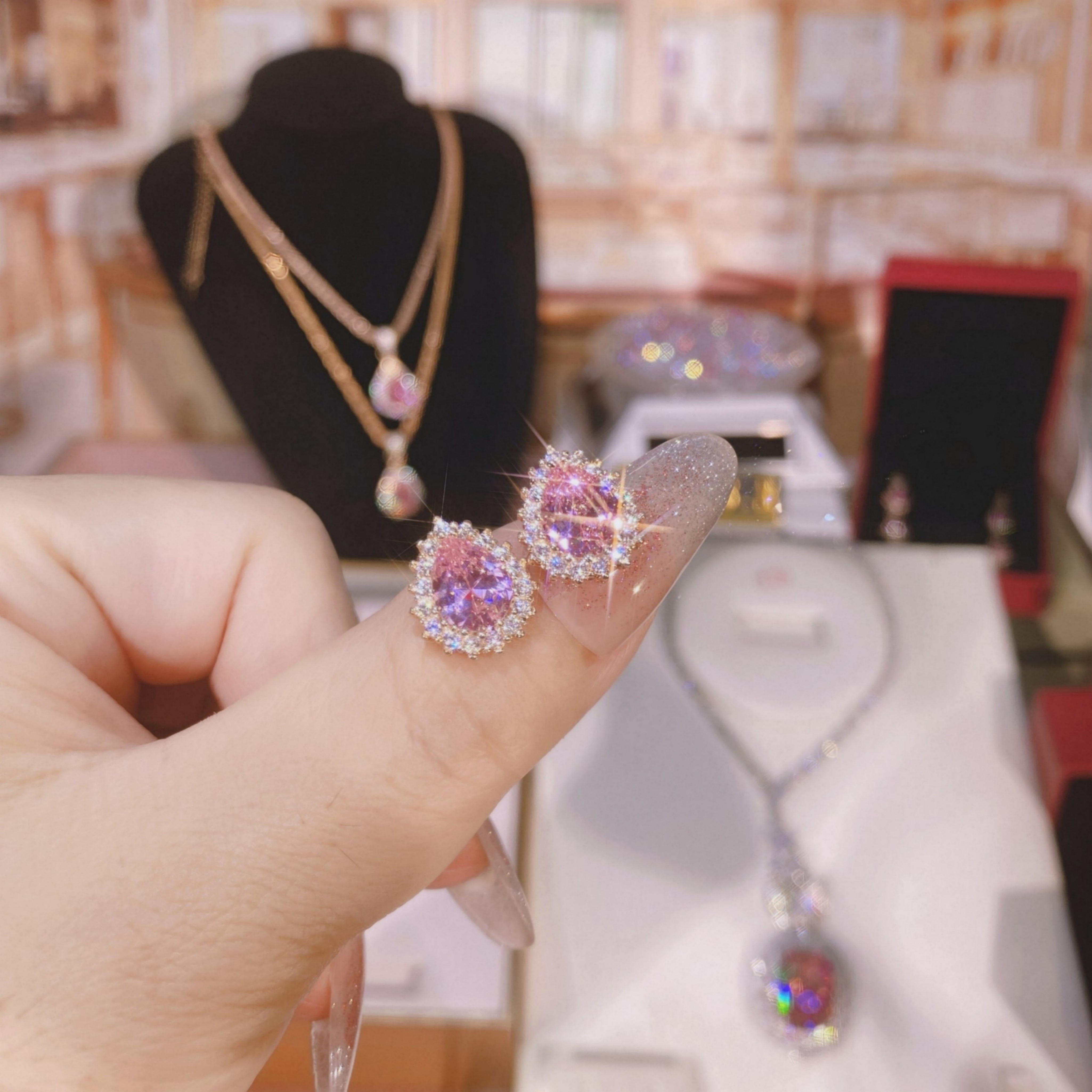 【纯银针】欧若风粉耳钉防过敏香槟金色耳饰满钻百搭轻奢气质炫彩