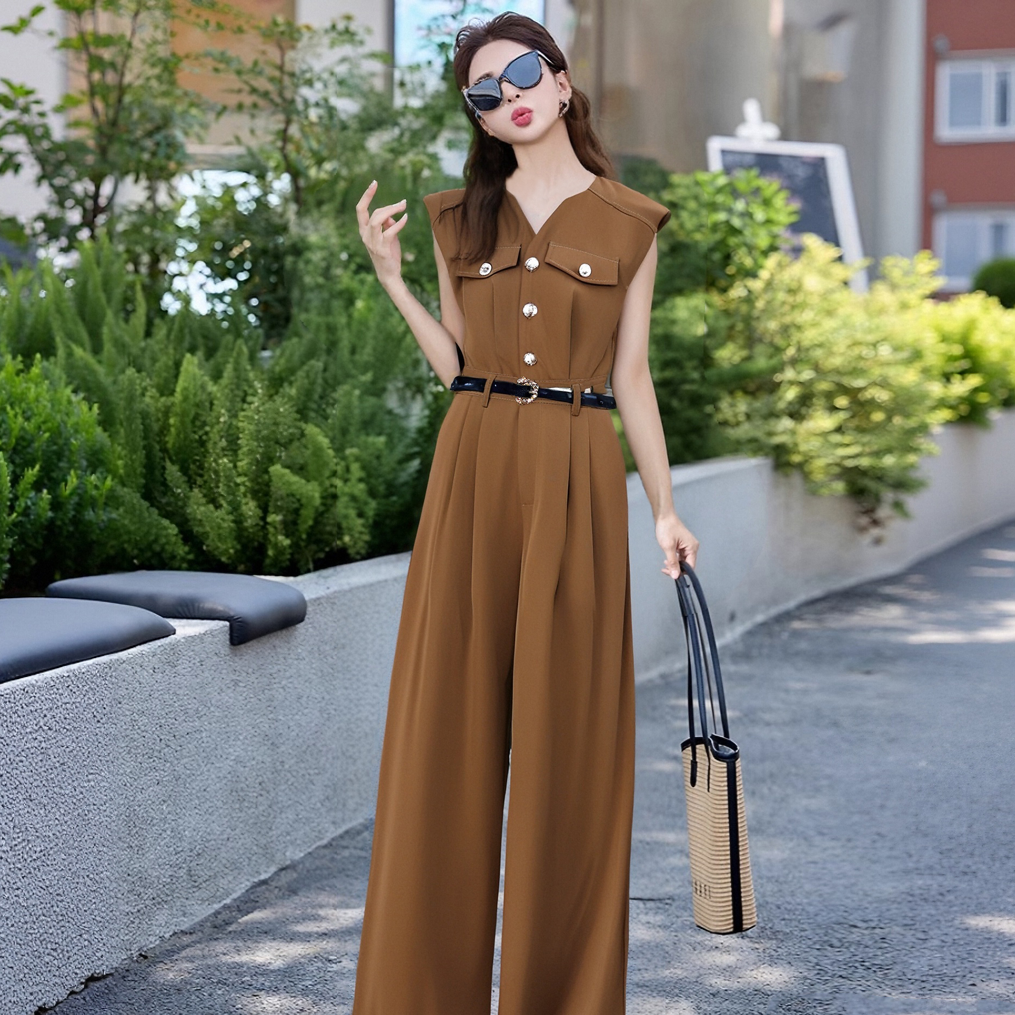 B【送腰带】2025夏季新款法式轻奢气质时尚高级收腰显瘦连体裤D2434