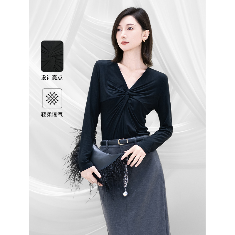 玛丝恩迪秋季新款时尚黑色打底衫330250长袖设计感