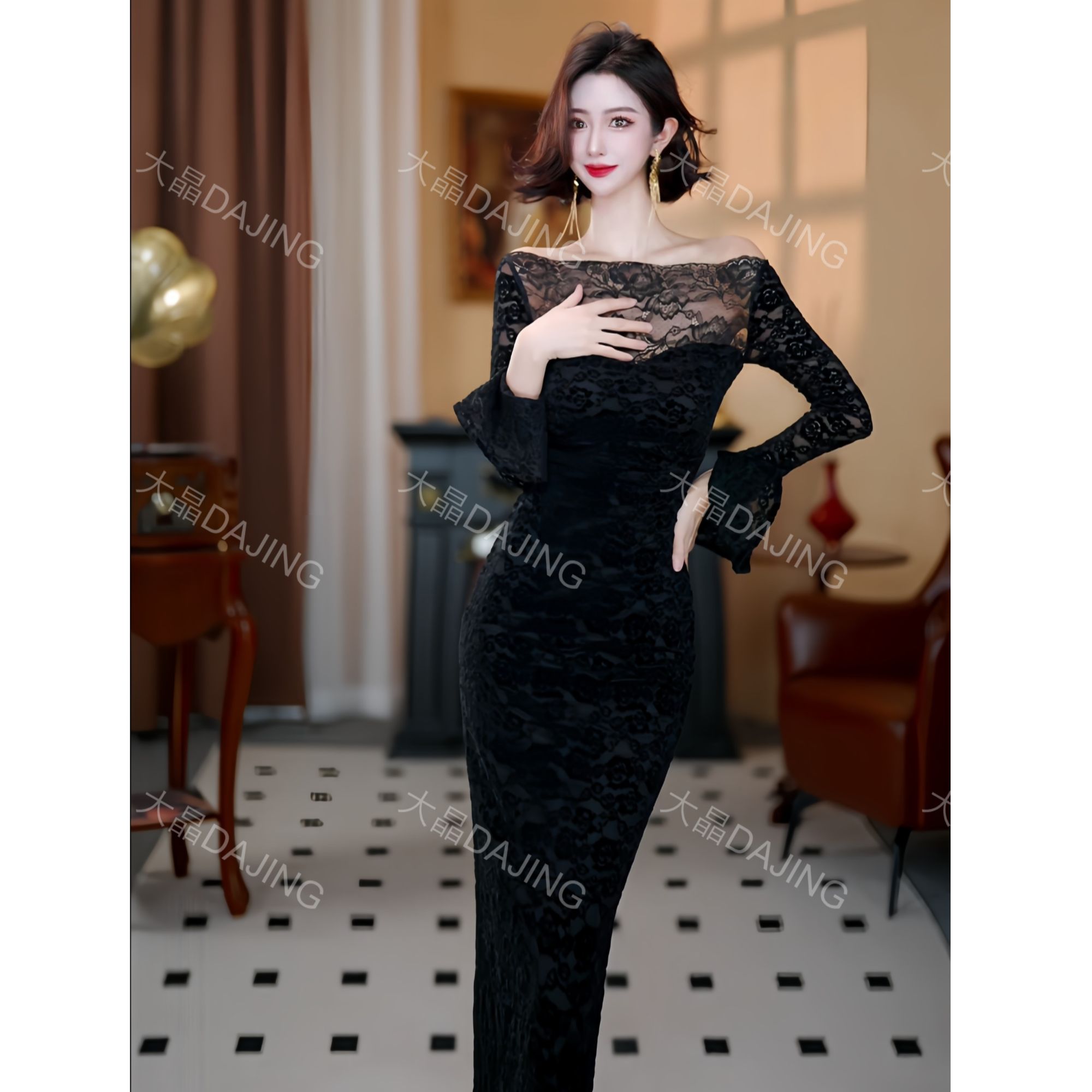 【大晶定制】“暗羽星迹”秋季新款一字肩蕾丝喇镂空修身长款连衣裙