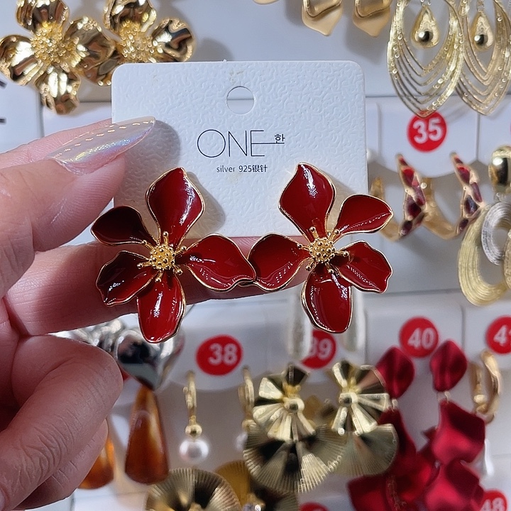 仿珍珠铁合金合金饰品耳钉安可拉红6