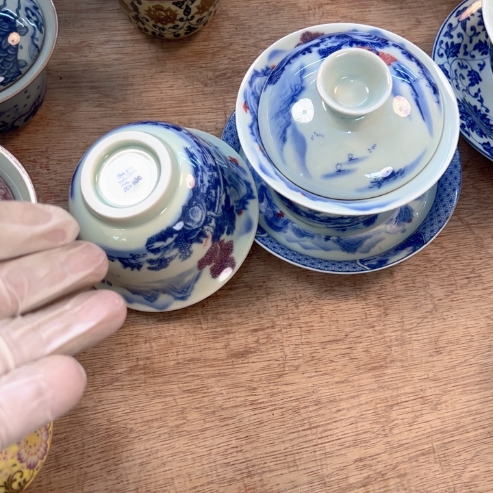 瓷片白青花富春山居图马蹄盖碗➕主人杯全品