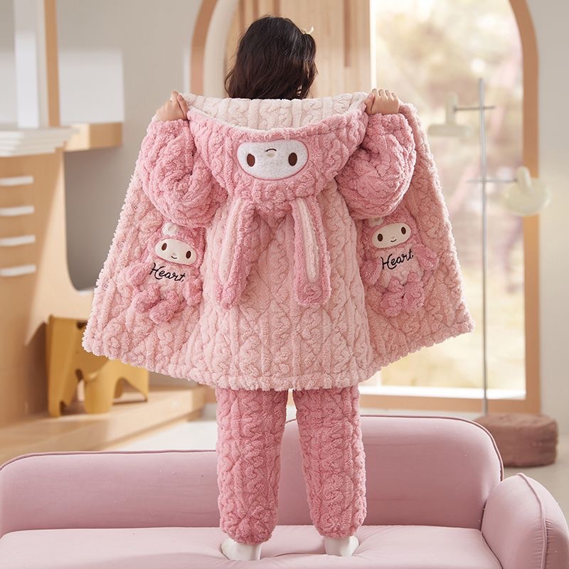 衣服居家服三层夹棉加厚女童中大童冬季款珊瑚绒款宝宝套装潮