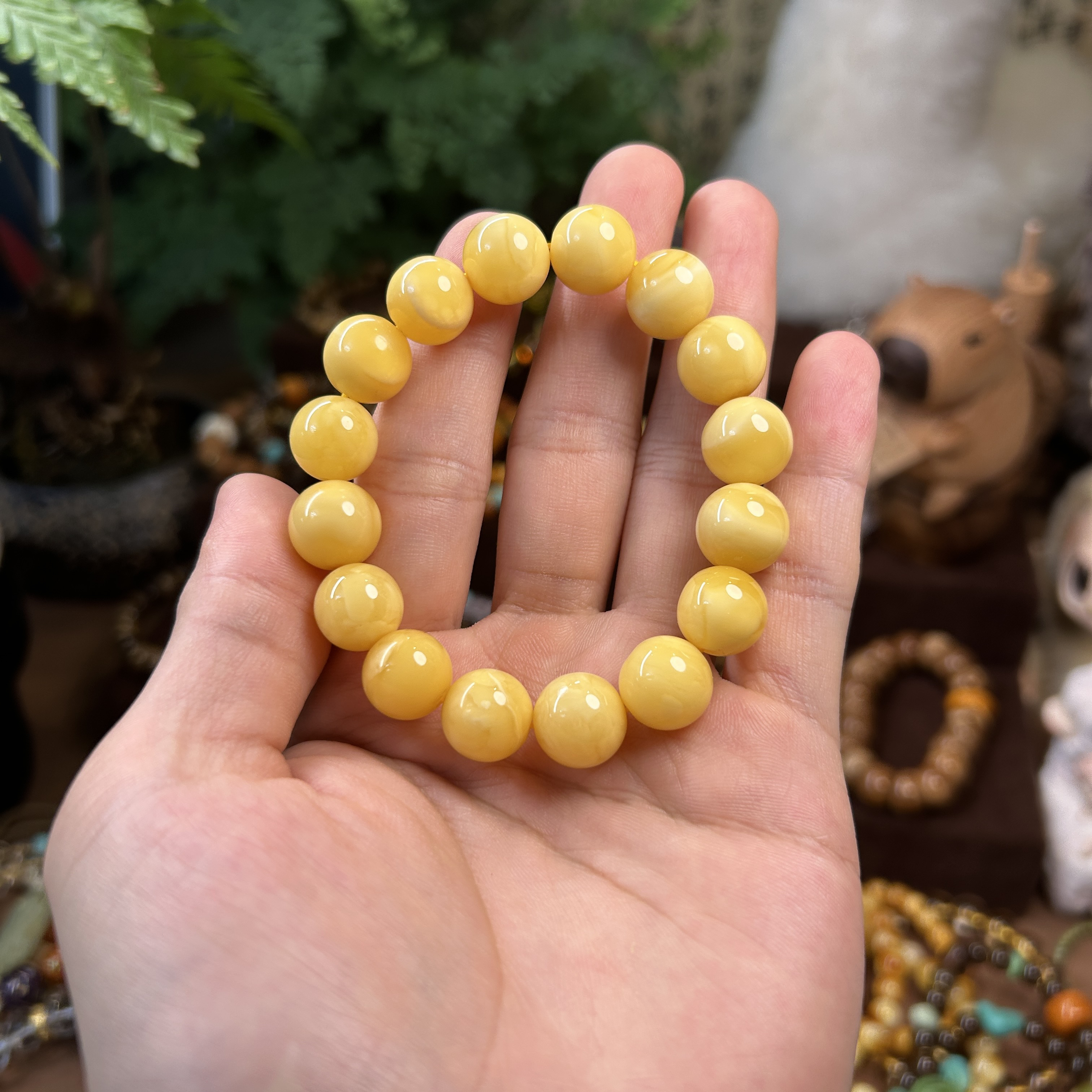 GY「鸡油黄白花蜜」｜12mm+原皮原色 高品单圈手串c61