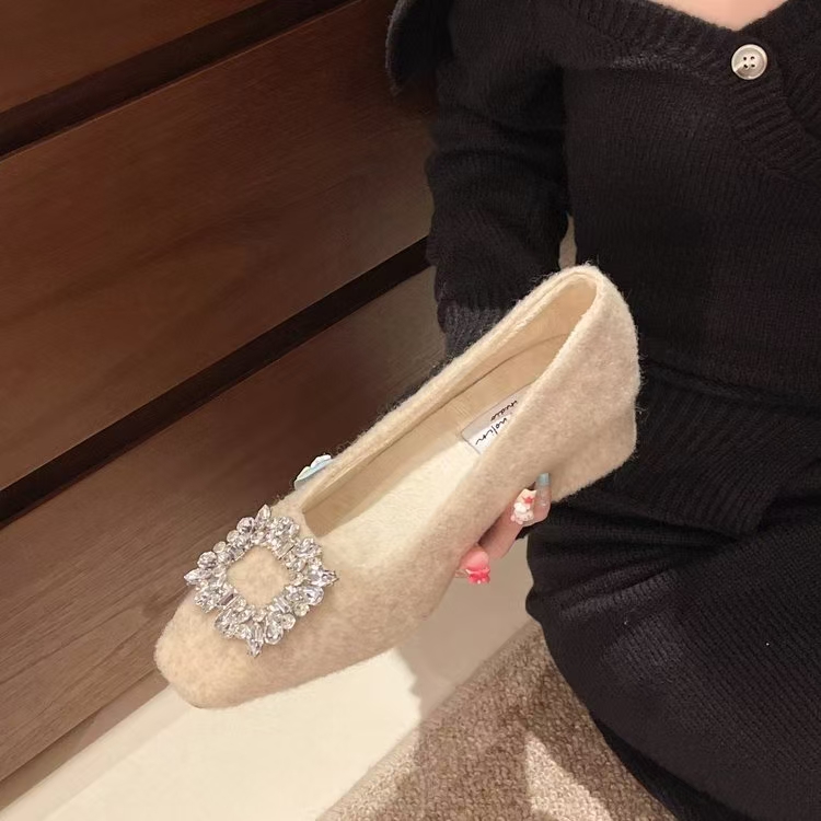 法式水钻粗跟单鞋女2025秋季新款方头浅口呢子毛毛高跟鞋方钻加绒