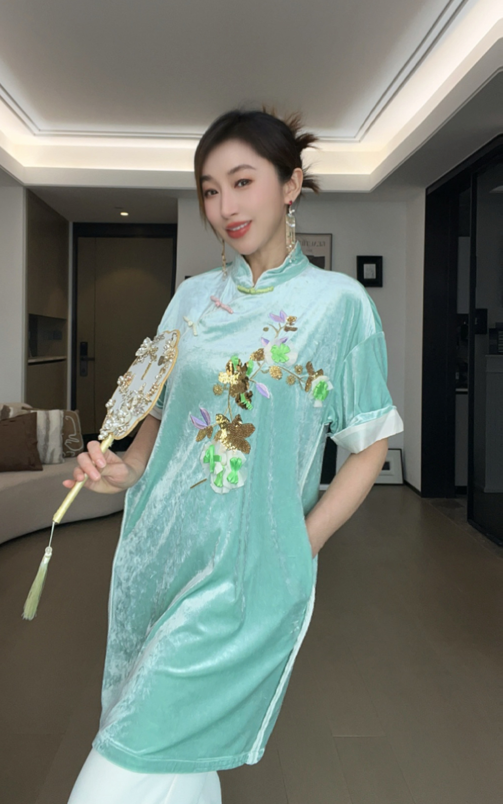 【ZMM】醋酸丝绒手工订珠连衣裙