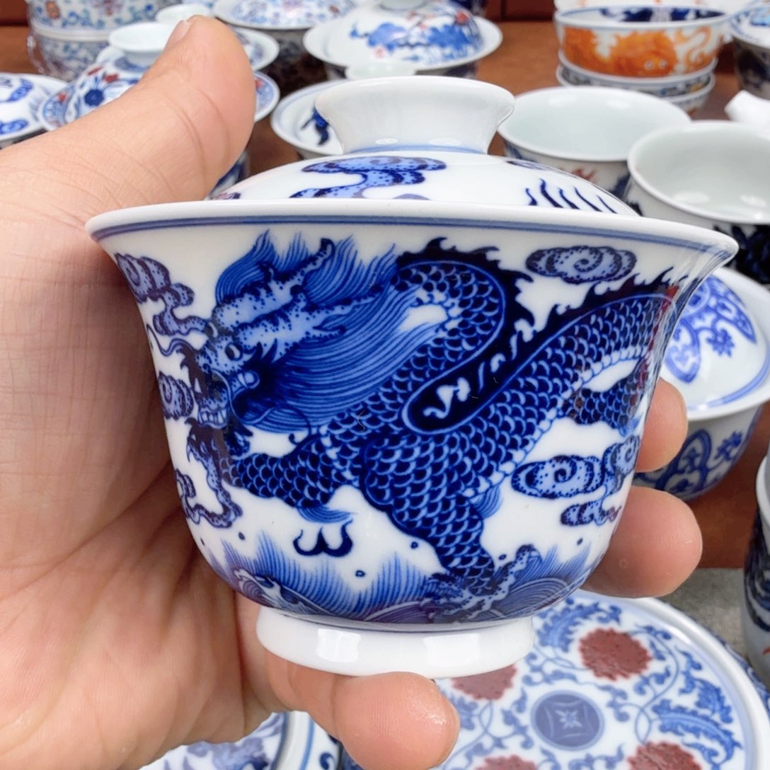 摆件陶青花瓷器盖碗