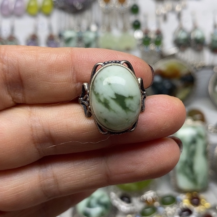 蛇纹石玉戒指银S925镶嵌