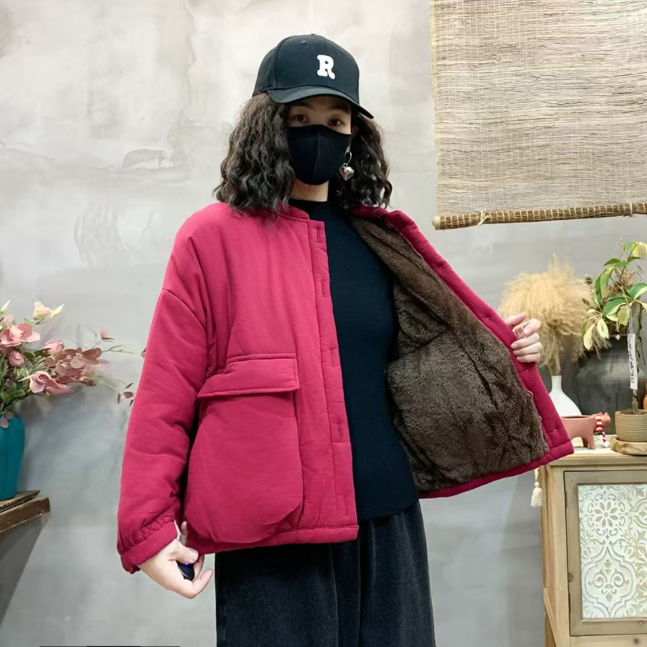 冬季加绒加厚立领短款宽松百搭纯色保暖棉服外套网红休闲女士