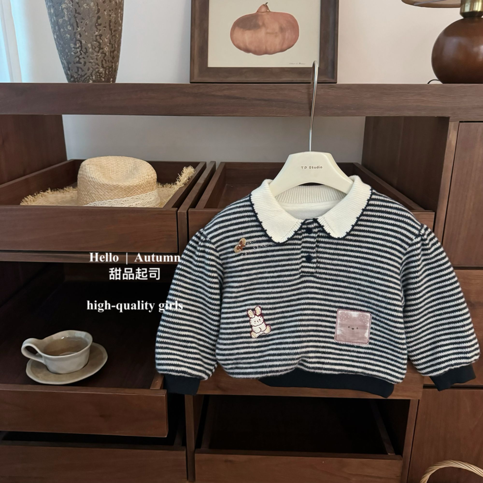 【现】【甜品起司】polo小兔！韩系女宝宝娃娃领学院风条纹加绒卫衣
