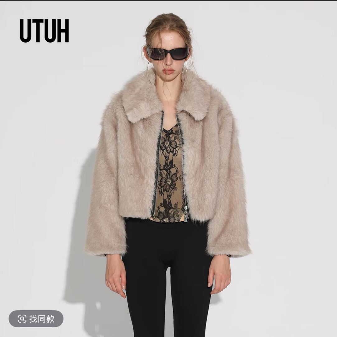 UTUH米杏翻领拼皮环保皮草翻领外套短款TLWWW1W421