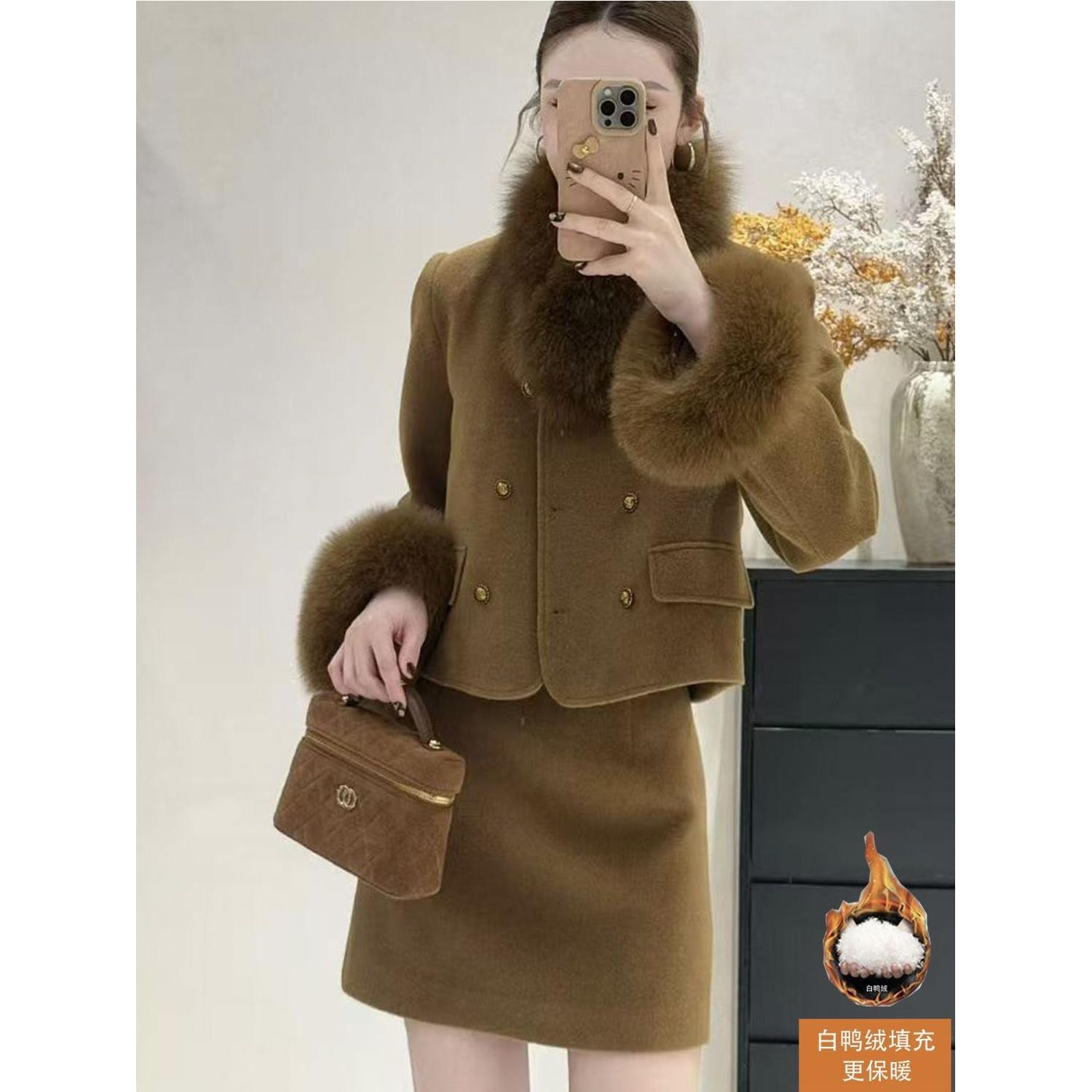 小香风羽绒内胆毛毛可拆套装女2025冬季新款毛呢外套半身裙两件套