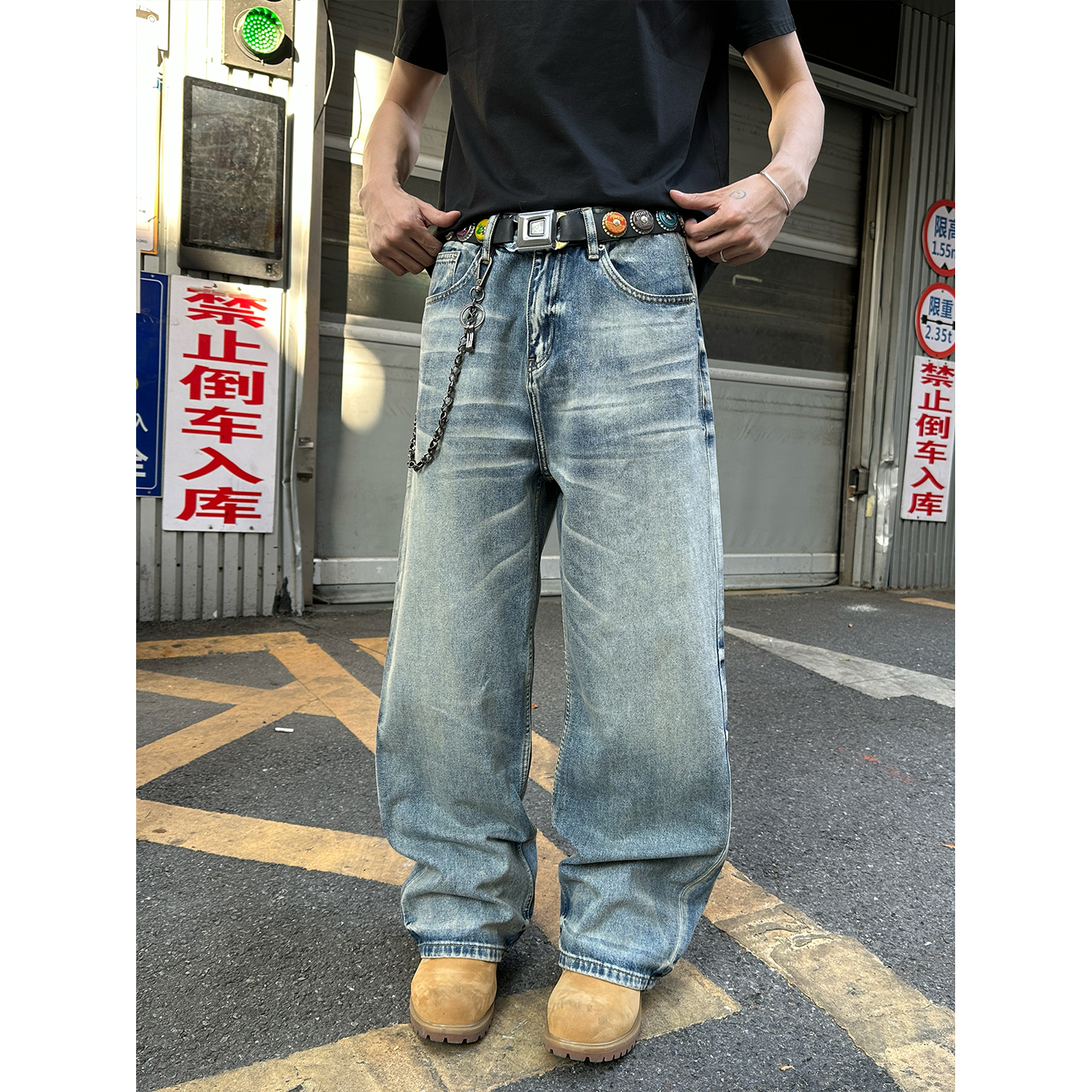 Faxims Store 美式复古牛仔裤男宽松直筒阔腿磨破水洗怀旧老爹裤