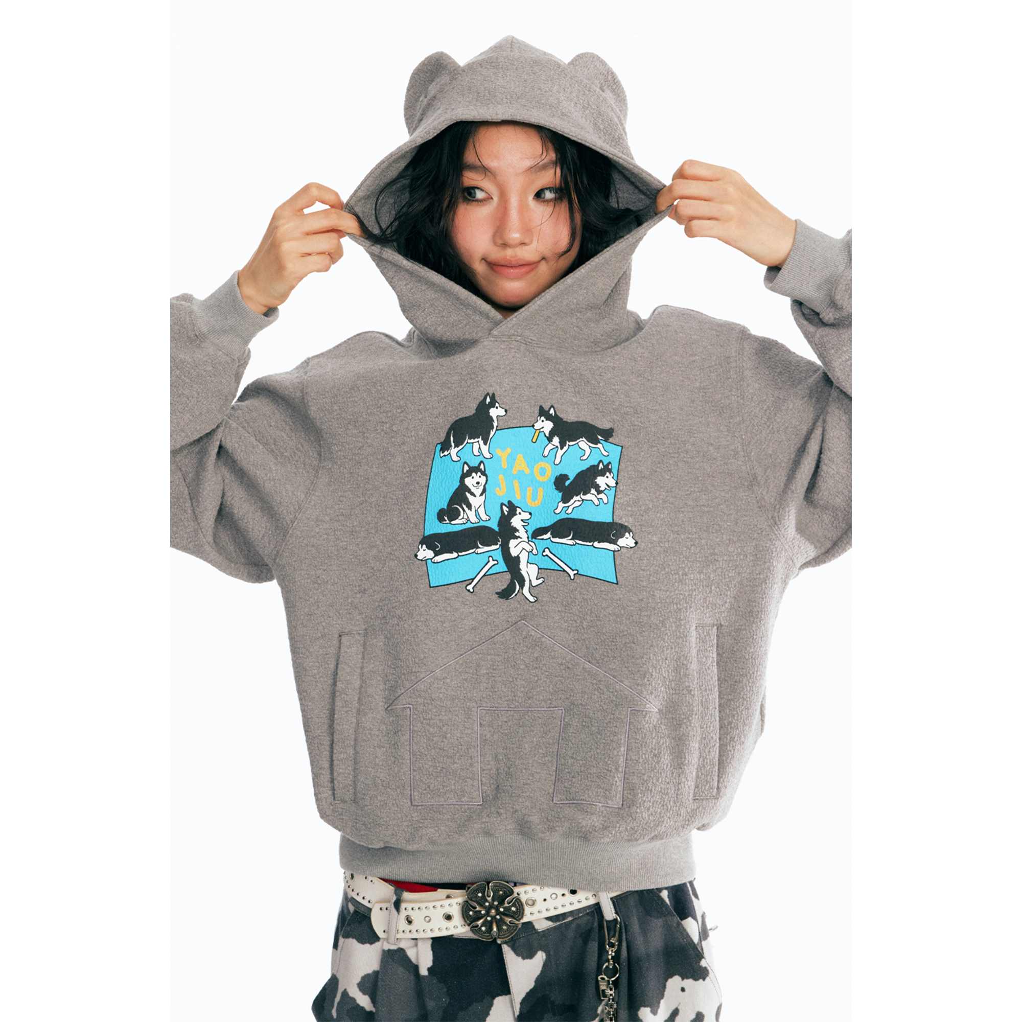  “小狗乐园”肌理质感印花套头卫衣连帽帽衫/1997邮政局