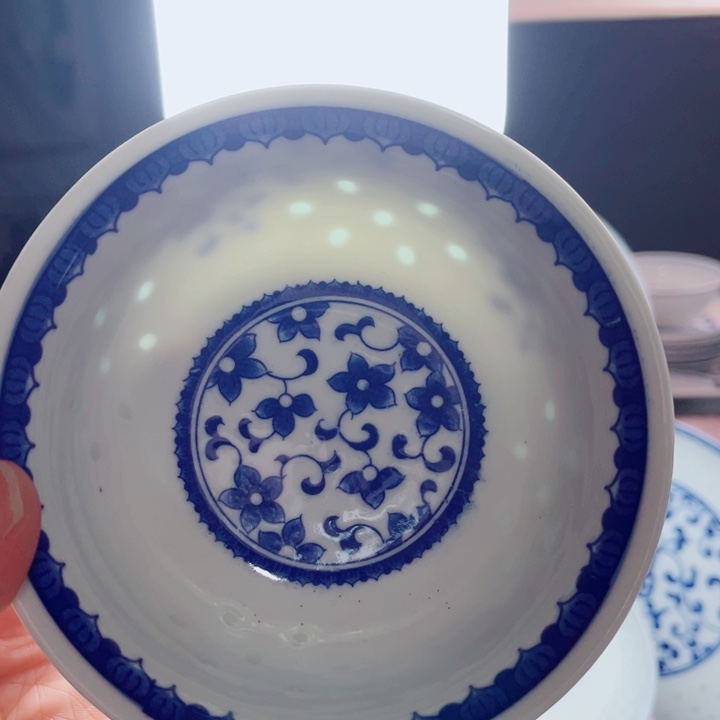 碗青花玲珑5寸饭碗紫荆花