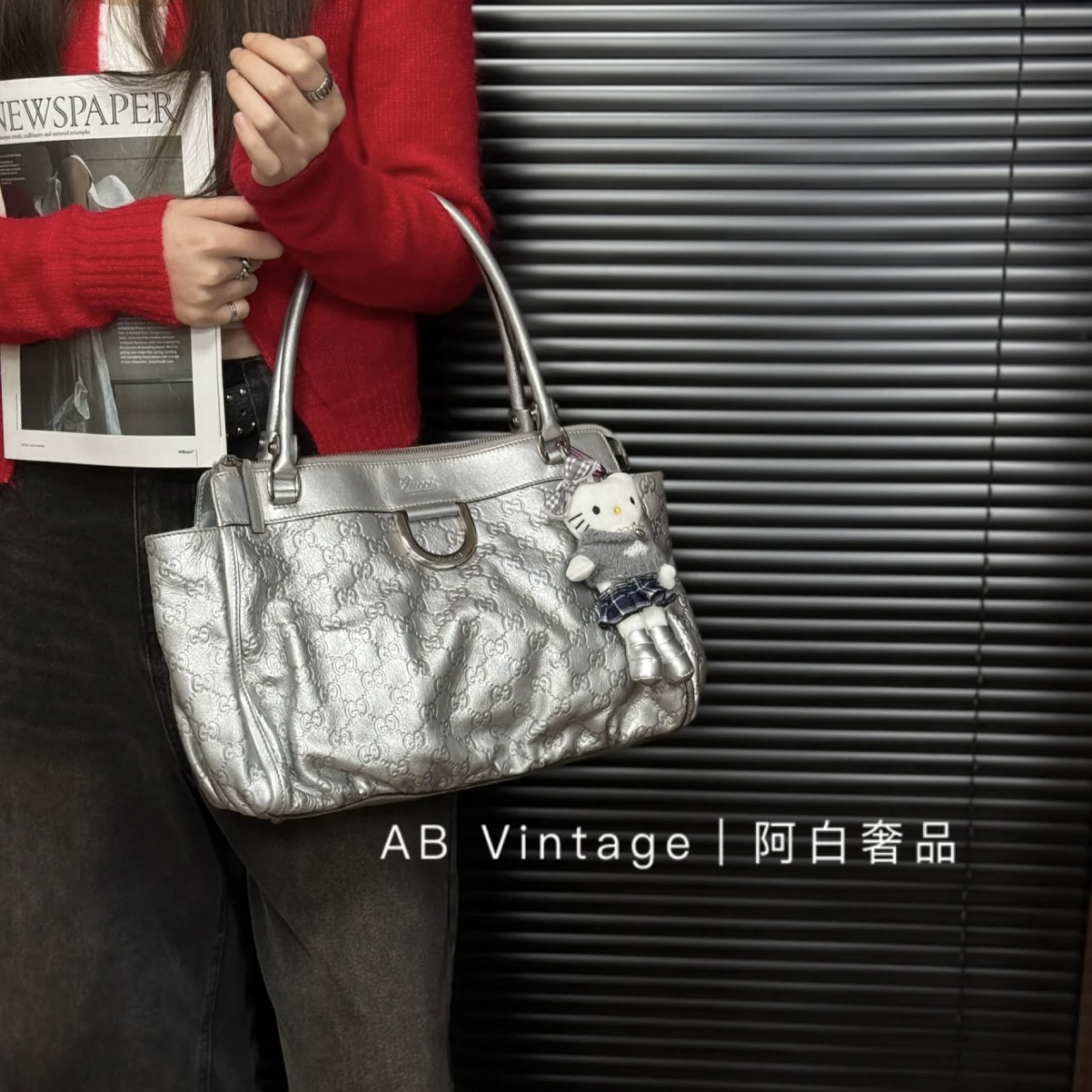 95新 GUCCI/古驰 阿白奢品/古驰 银色压纹老花单肩包