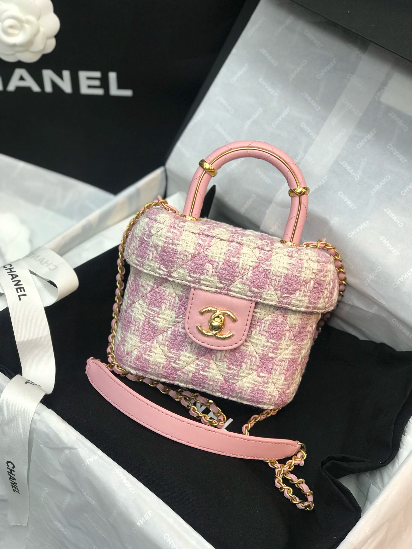 未使用 Chanel/香奈儿 全新全套粉色手柄格子毛呢格子包
